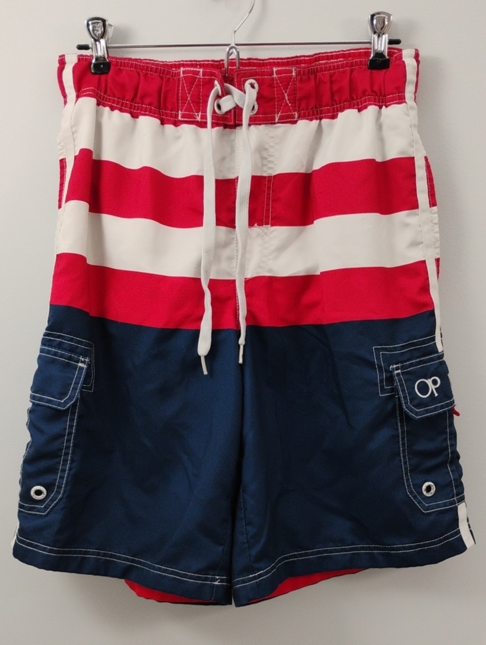 OP Men’s Red White Navy Cargo Board Swim Shorts Americana Mens S  Waist 28-30